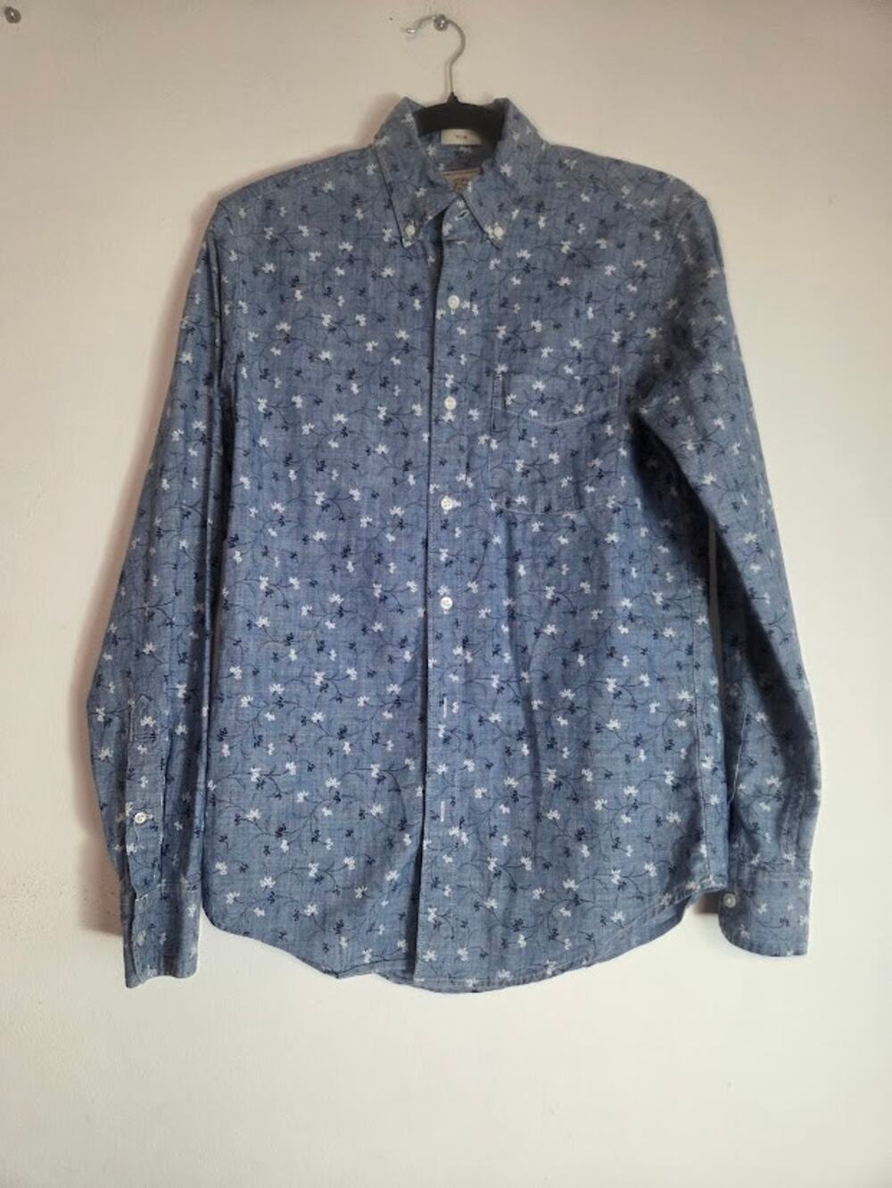 J,Crew Men Blue Denim Floral Print "Slim"100% Cotton Button Down Shirt sz Small